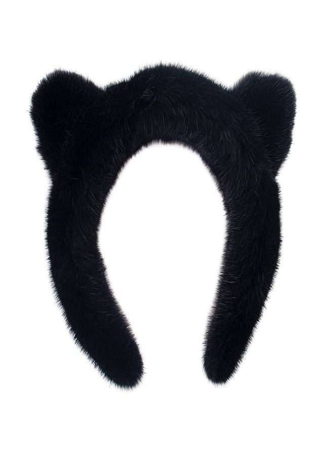 surell Genuine Mink Fur Cat Ear Headband - Winter Fashion Animal Hair Band Accessory - Luxury Headwear (Black) - Image 1